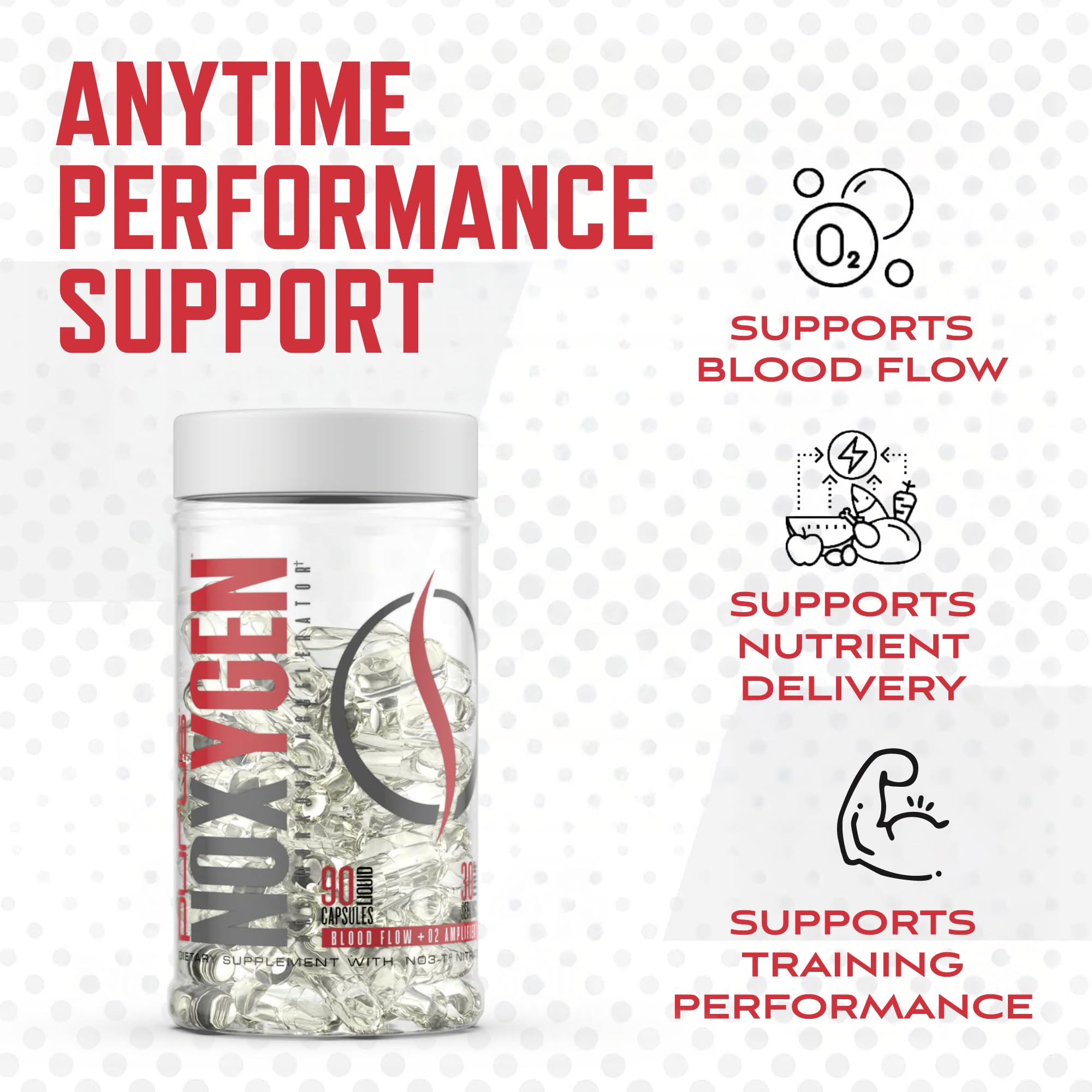 Purus Labs NOXygen packaging display shows 30 servings per bottle.