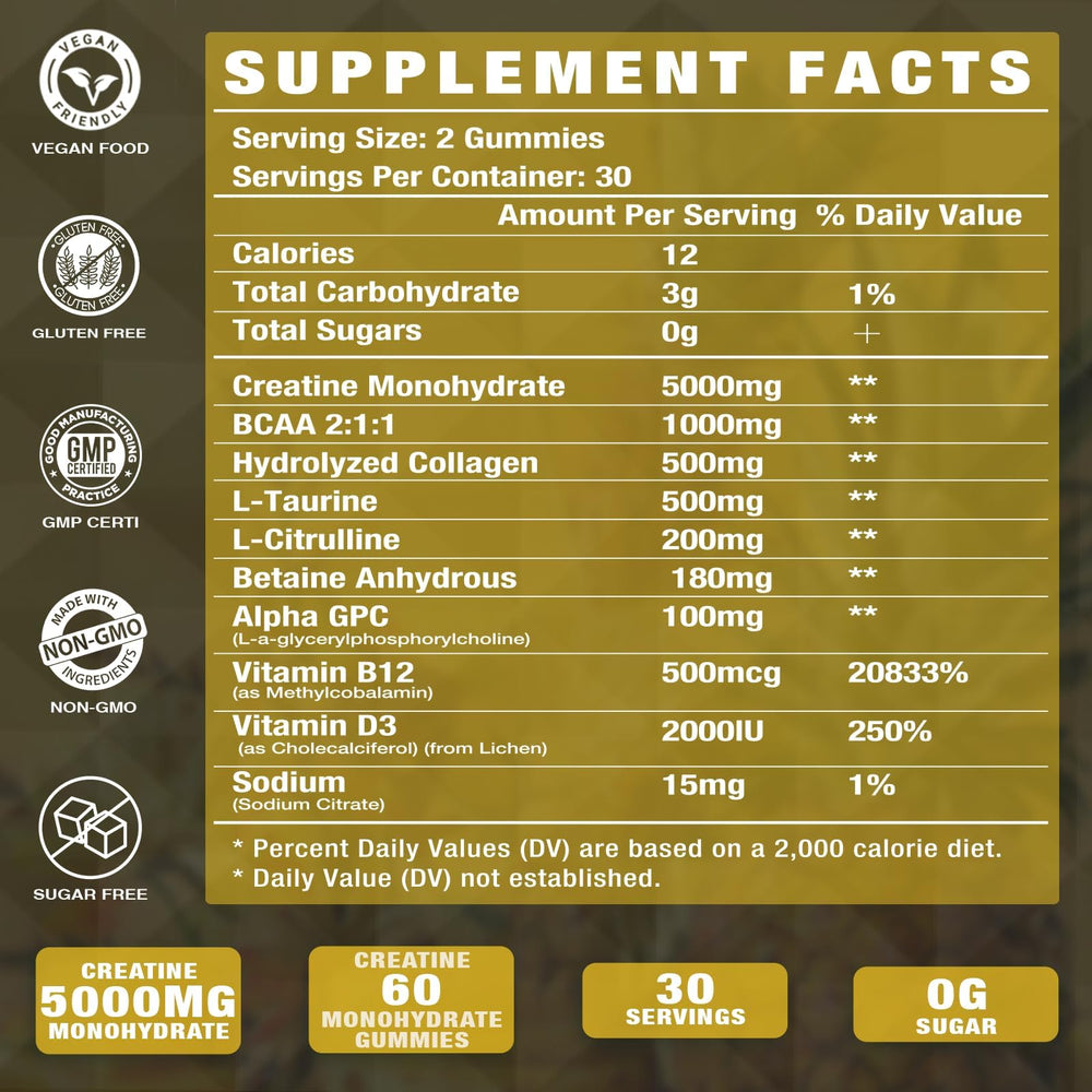 Putaojun Creatine d3 b12 vitamin gummies jar highlighting essential nutrients.