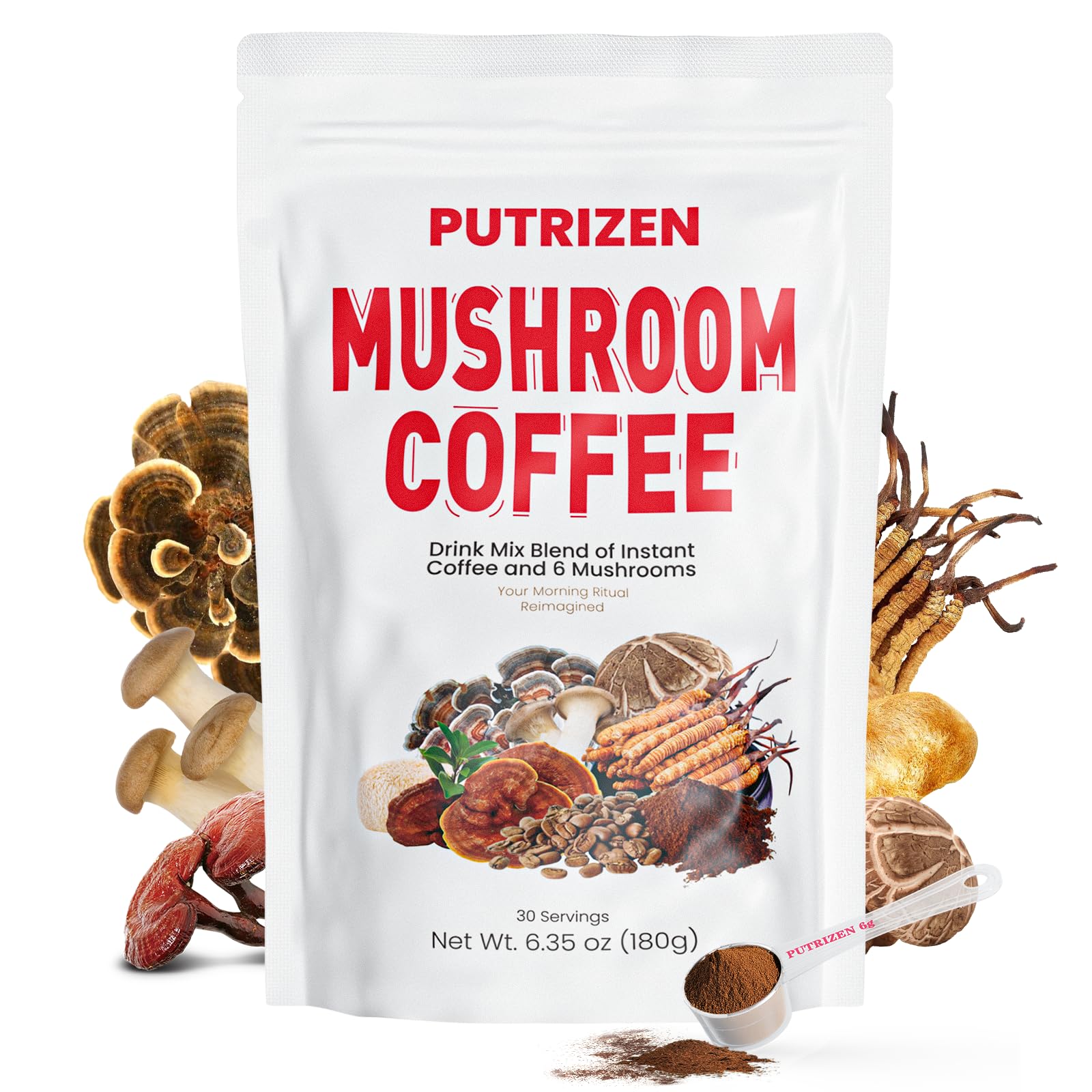 PUTRIZEN HerbalWell mushroom coffee bag showing premium blend for steady energy