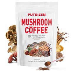 PUTRIZEN HerbalWell mushroom coffee bag showing premium blend for steady energy