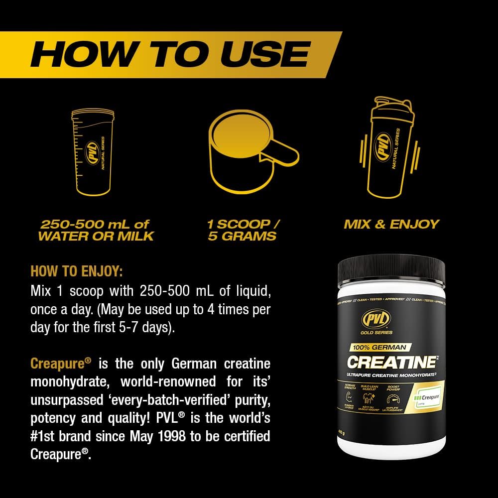 PVL Creapure Creatine packaging on kitchen shelf for routine use