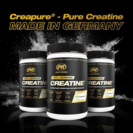 PVL Creapure Creatine powder jar highlights pharmaceutical-grade purity