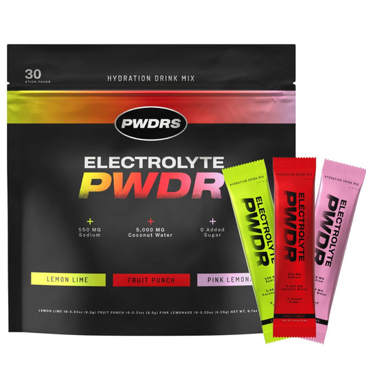 PWDRS Electrolytes packets on the go for quick hydration during workouts.
