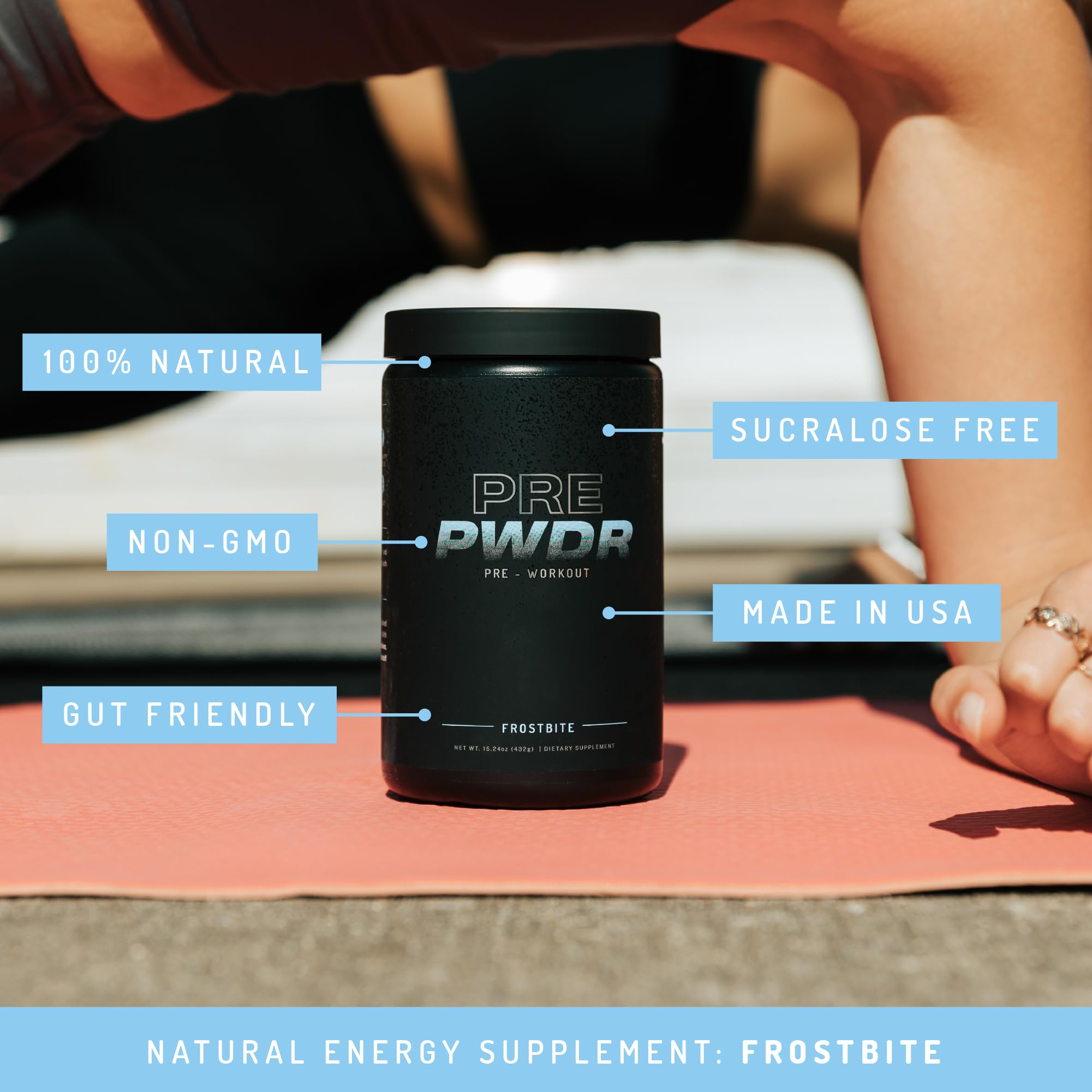 PWDRS Frostbite bottle and ingredients highlight vegan, sugar-free choice