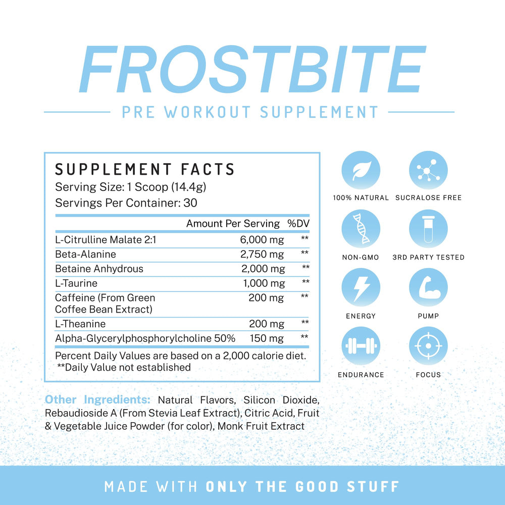 PWDRS Frostbite ingredients label showcases natural components for pumps