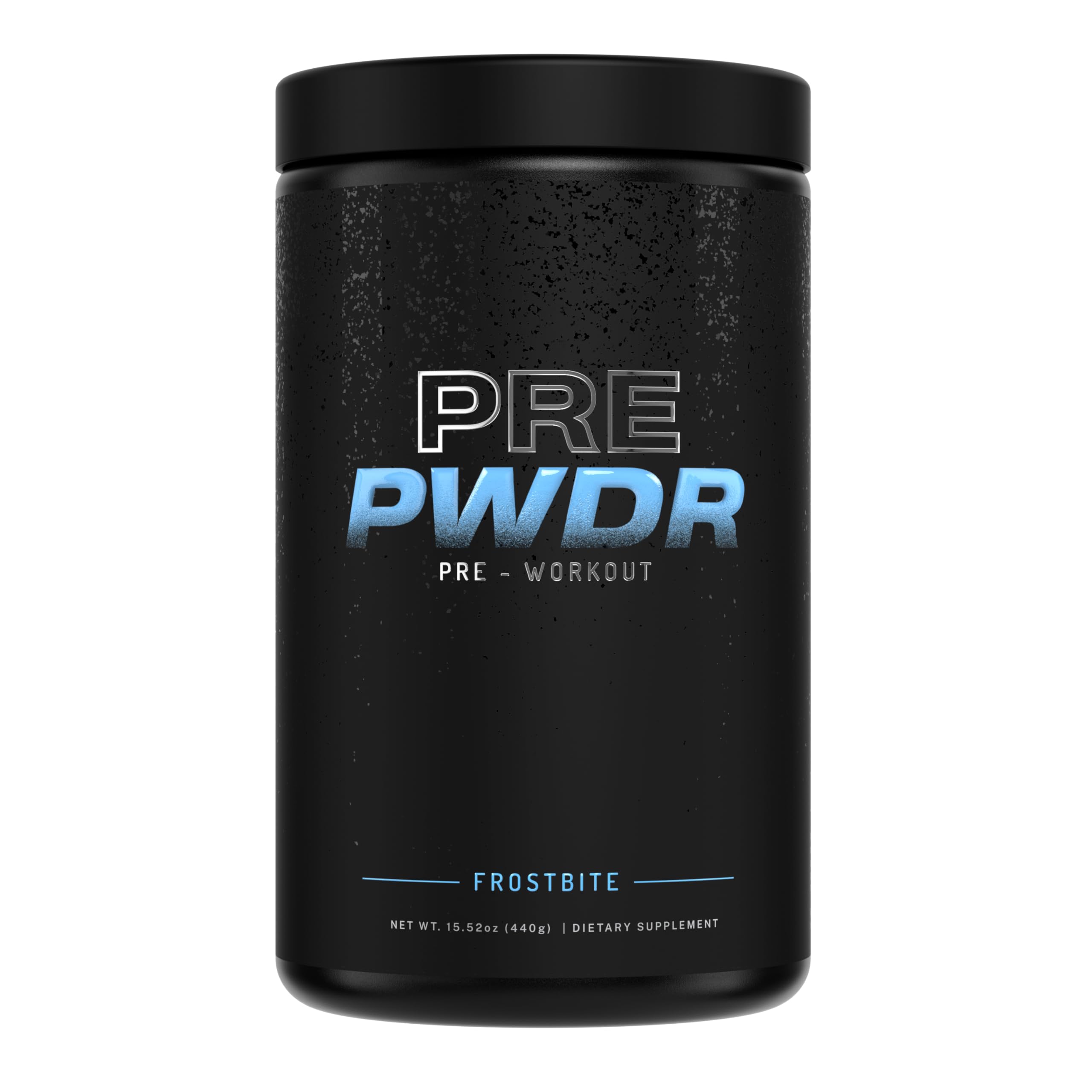 PWDRS Frostbite pre-workout packaging shown, all-natural formula for clean energy