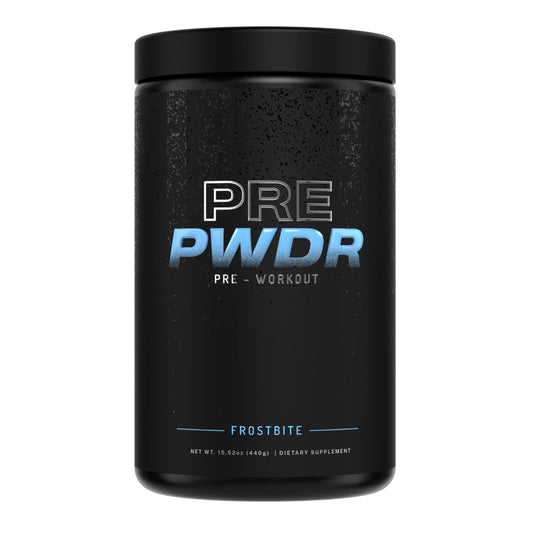 PWDRS Frostbite pre-workout packaging shown, all-natural formula for clean energy