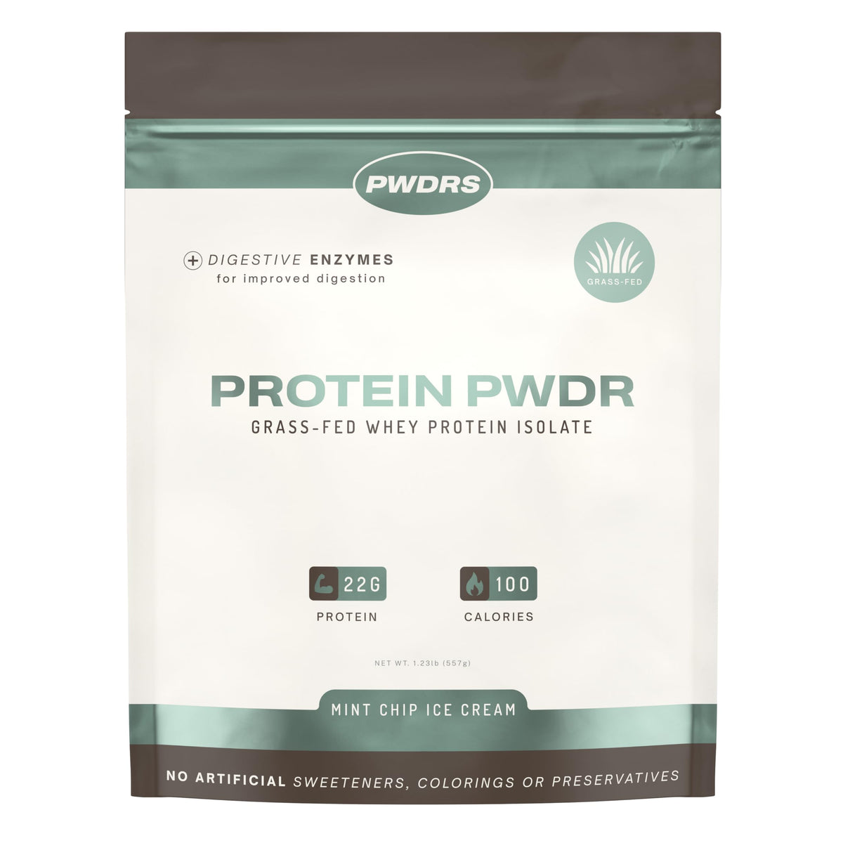 PWDRS Mint Chip whey protein bottle highlights clean, grass-fed whey for post-workout fueling.