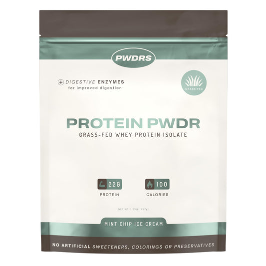 PWDRS Mint Chip whey protein bottle highlights clean, grass-fed whey for post-workout fueling.