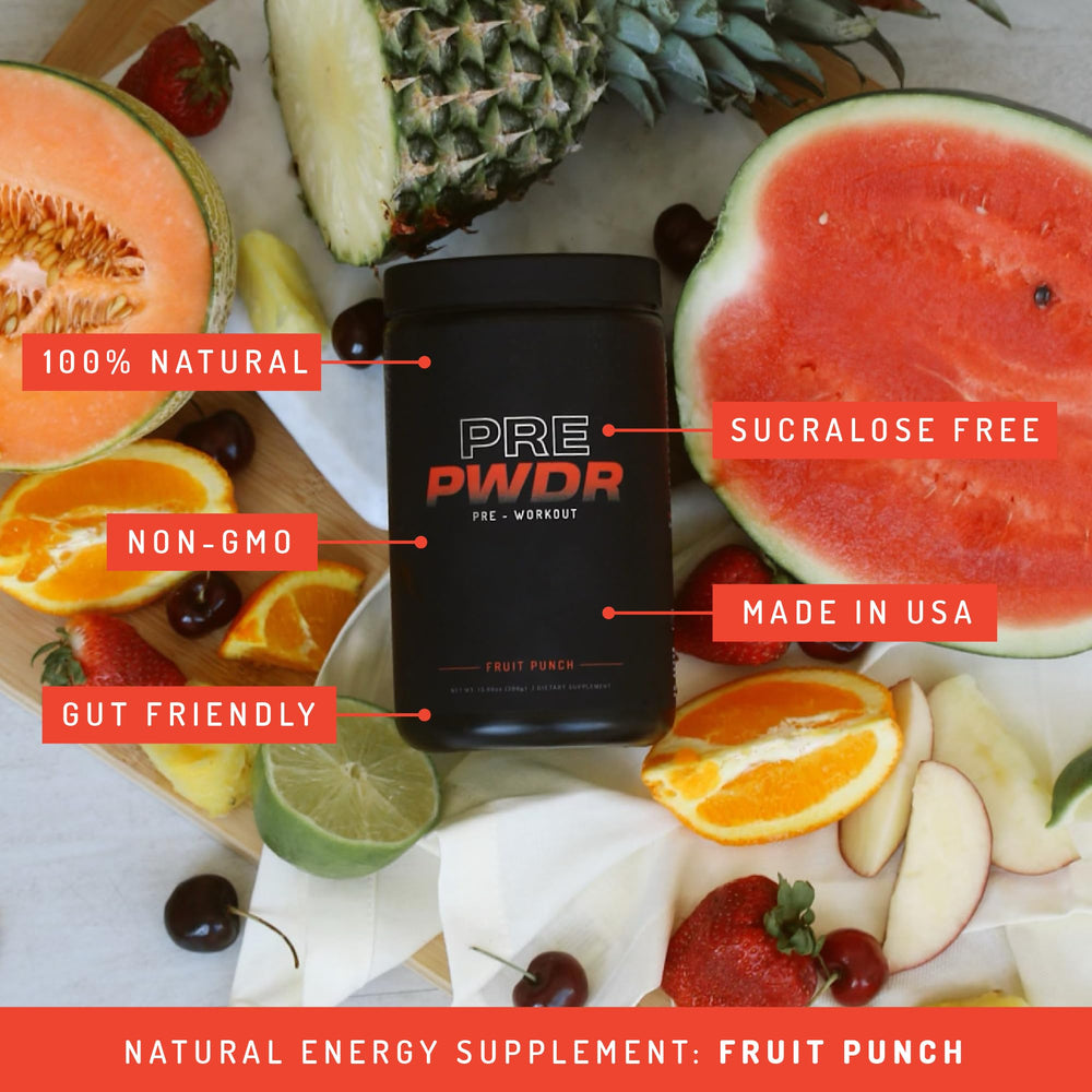 PWDRS Pre-Workout front label highlights all-natural ingredients