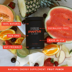 PWDRS Pre-Workout front label highlights all-natural ingredients