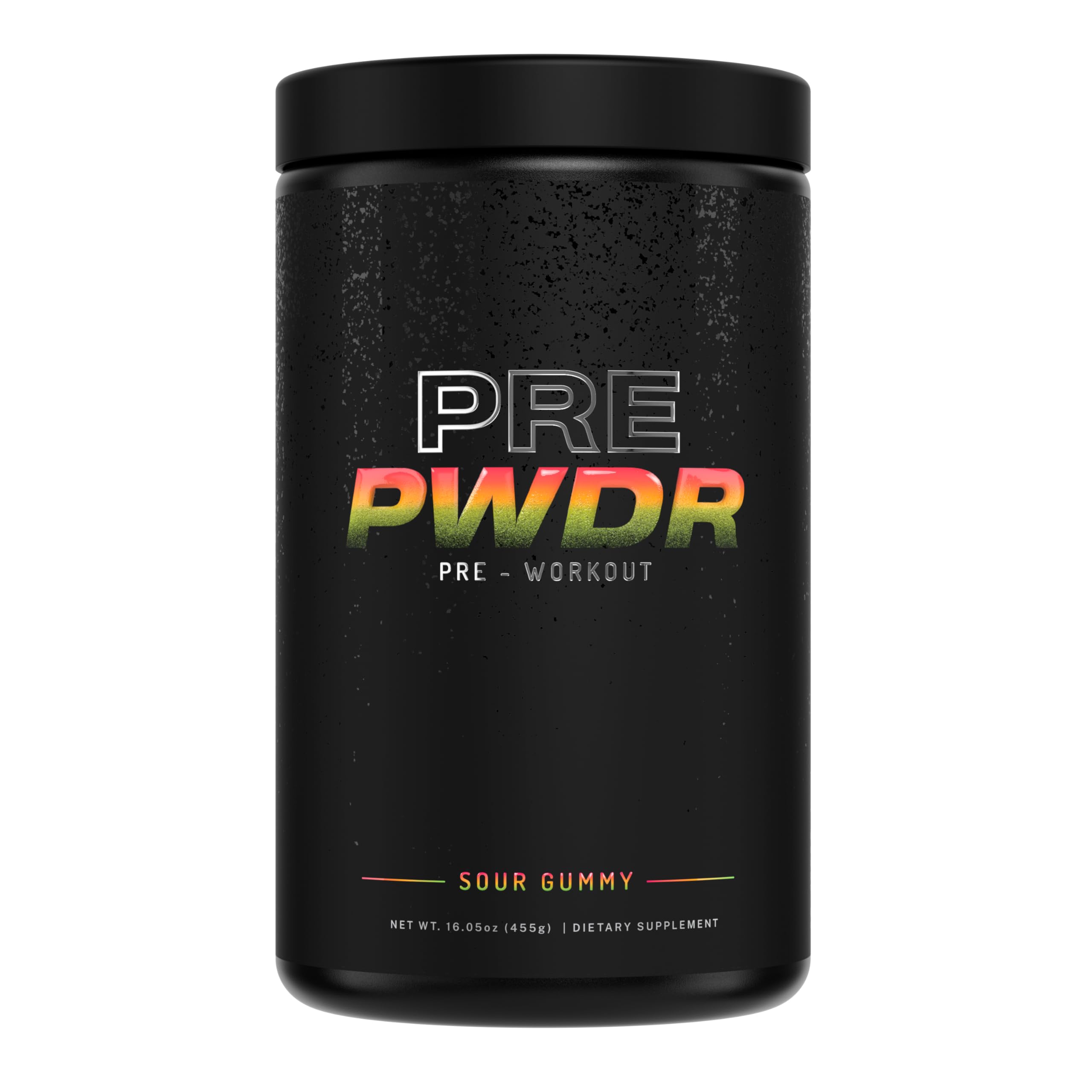 PWDRS Sour Gummy pre-workout tub for natural energy before workouts.
