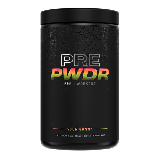 PWDRS Sour Gummy pre-workout tub for natural energy before workouts.