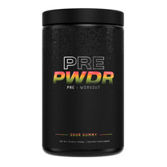 PWDRS Sour Gummy pre-workout tub for natural energy before workouts.