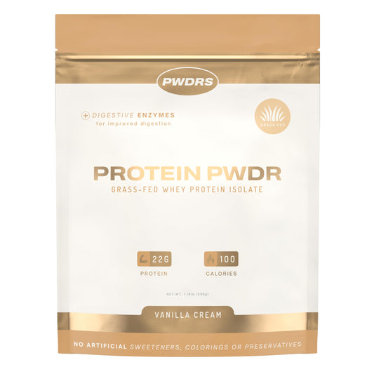 PWDRS Protein Powder Vanilla Cream bottle shows pure whey isolate for clean protein fuel