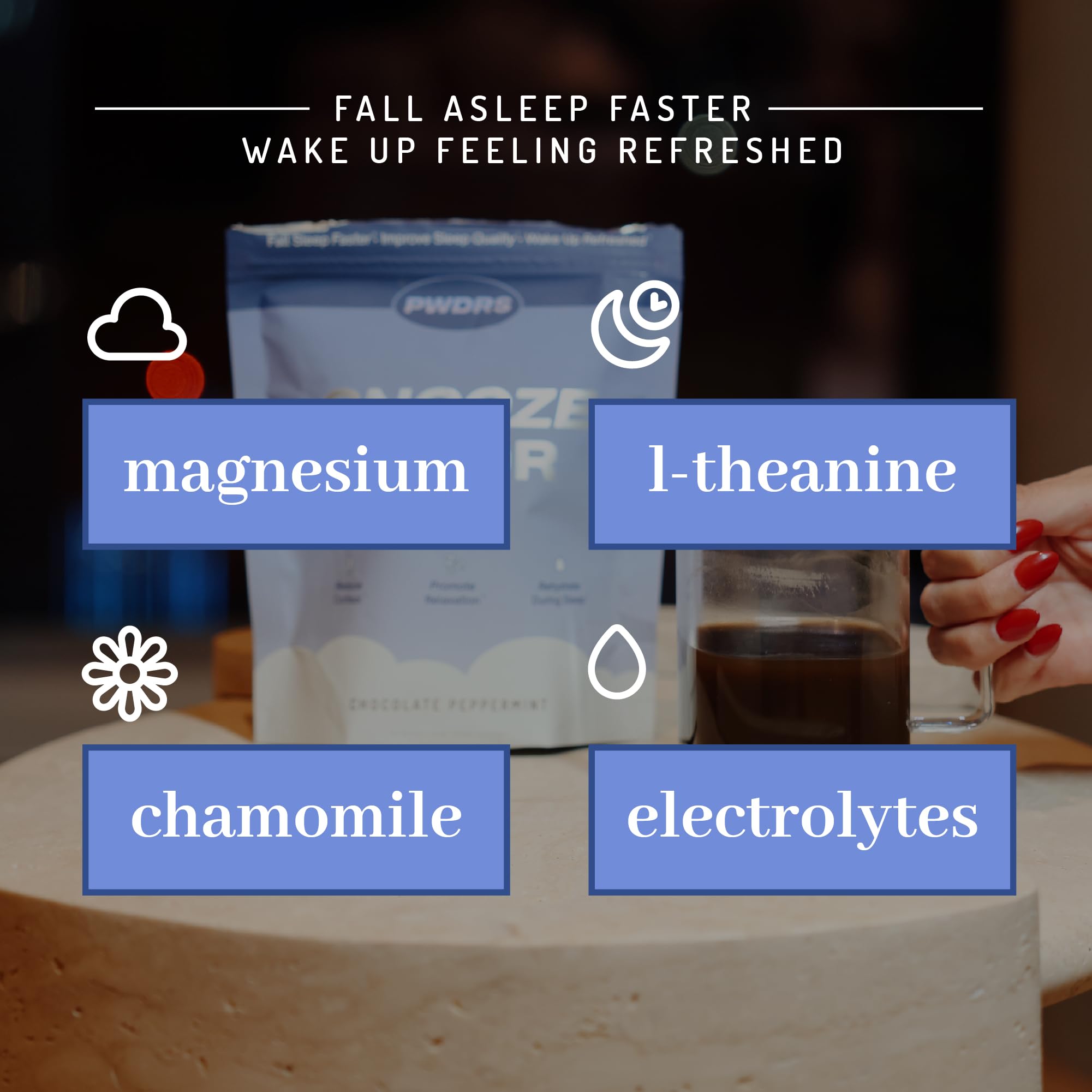 Creamy PWDRS Snooze in a mug with steam suggests cozy evenings.