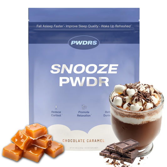 PWDRS Snooze packaging highlights natural ingredients for a calming bedtime routine.