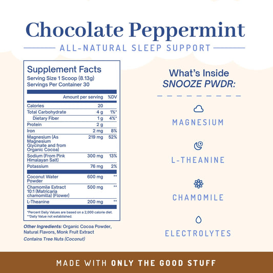 PWDRS Snooze is poured into a mug for a calming bedtime ritual.