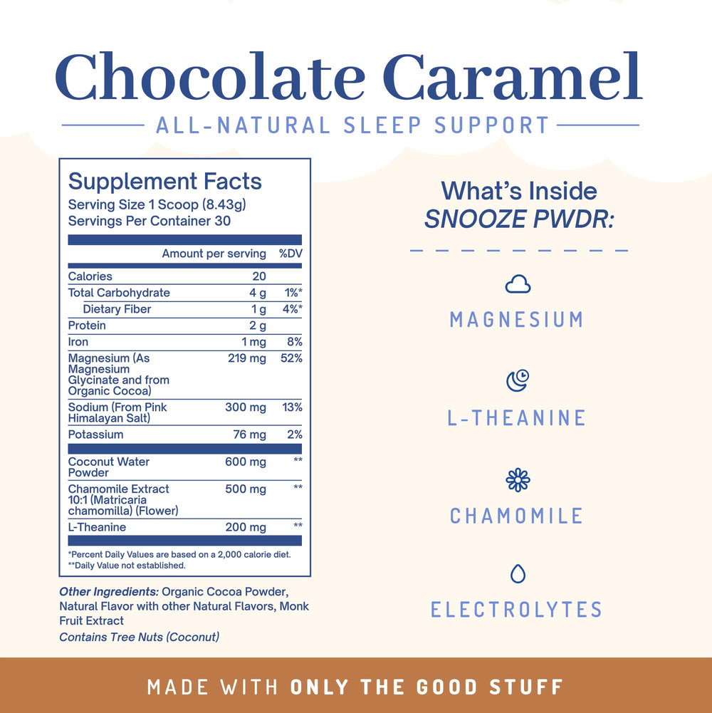 PWDRS Snooze pour into mug for a soothing evening ritual.