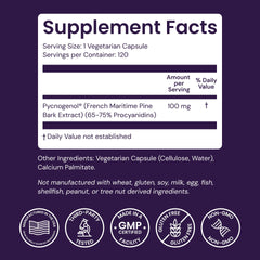 Pycnogenol 100mg ingredient label close-up emphasizing sustainable sourcing.