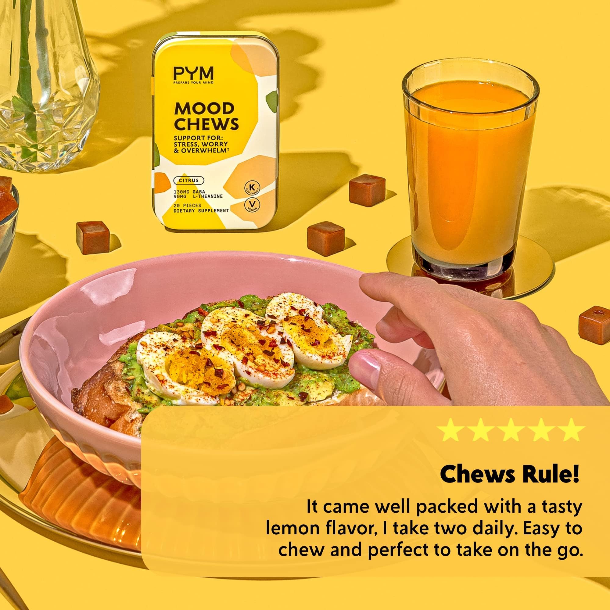 PYM Health Citrus Mood Chews gluten-free icon beside package.