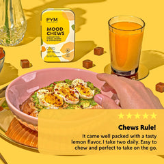 PYM Health Citrus Mood Chews gluten-free icon beside package.