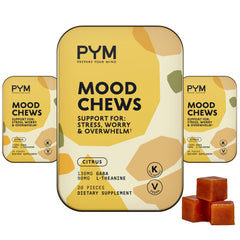 PYM Health Citrus Mood Chews packaging—vibrant mood-support branding for daily calm.
