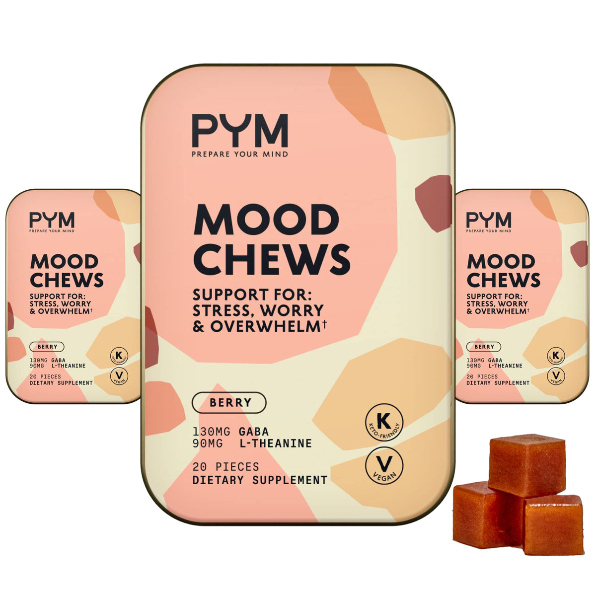 PYM Health Berry Mood Chews packaging promotes natural mood support.