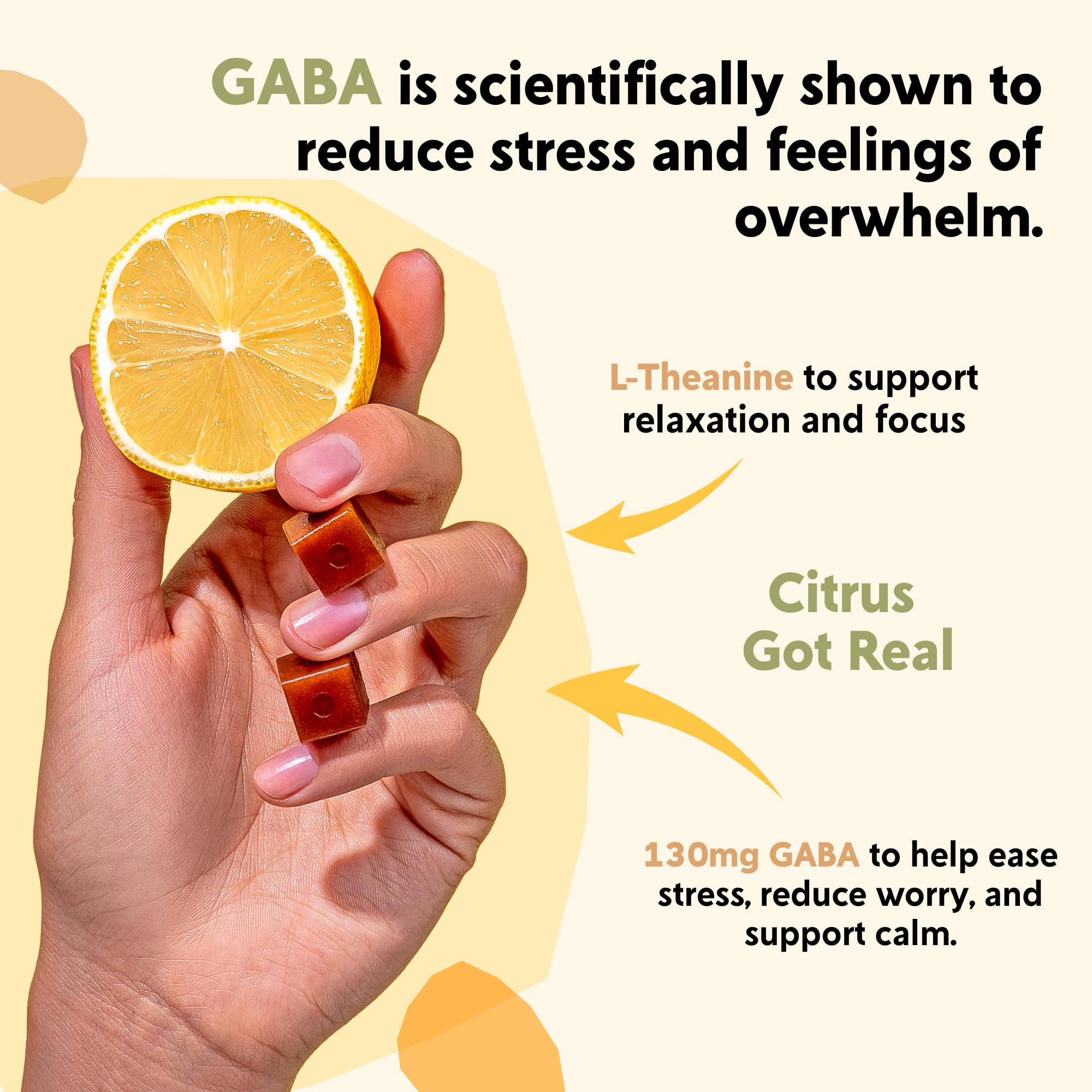 PYM Health Citrus Mood Chews ingredients scene highlights L-Theanine and GABA for mood support.