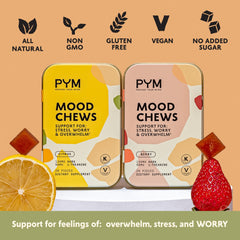PYM Health Citrus Mood Chews texture close-up highlights chewy citrus flavor and clean ingredients.