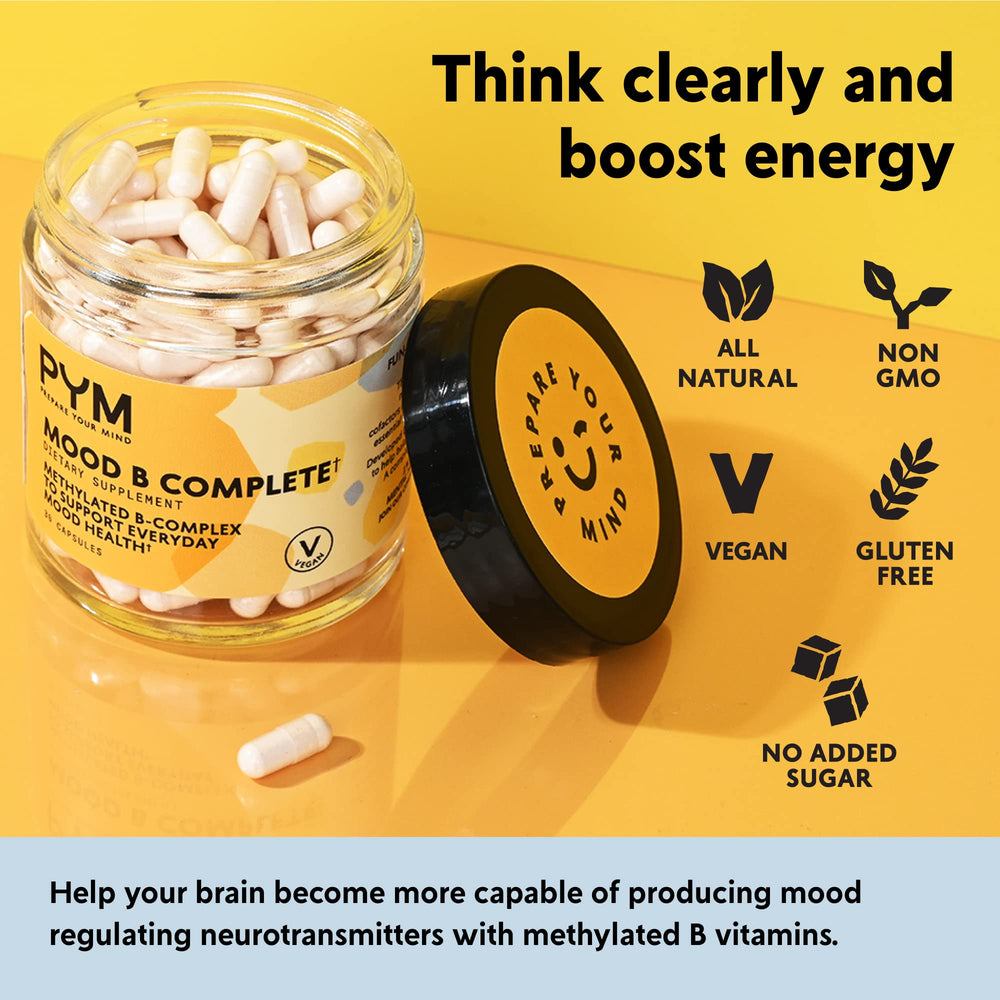 PYM Health Mood B Complete bottle on desk with morning light for daily routine.