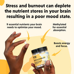 PYM Health Mood B Complete capsules in hand, ready to support focus and energy.