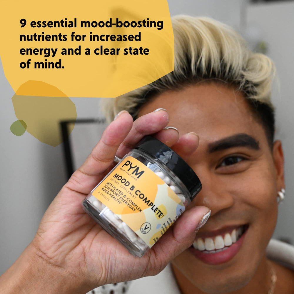 PYM Health Mood B Complete symbol indicating vegan and gluten-free formula.