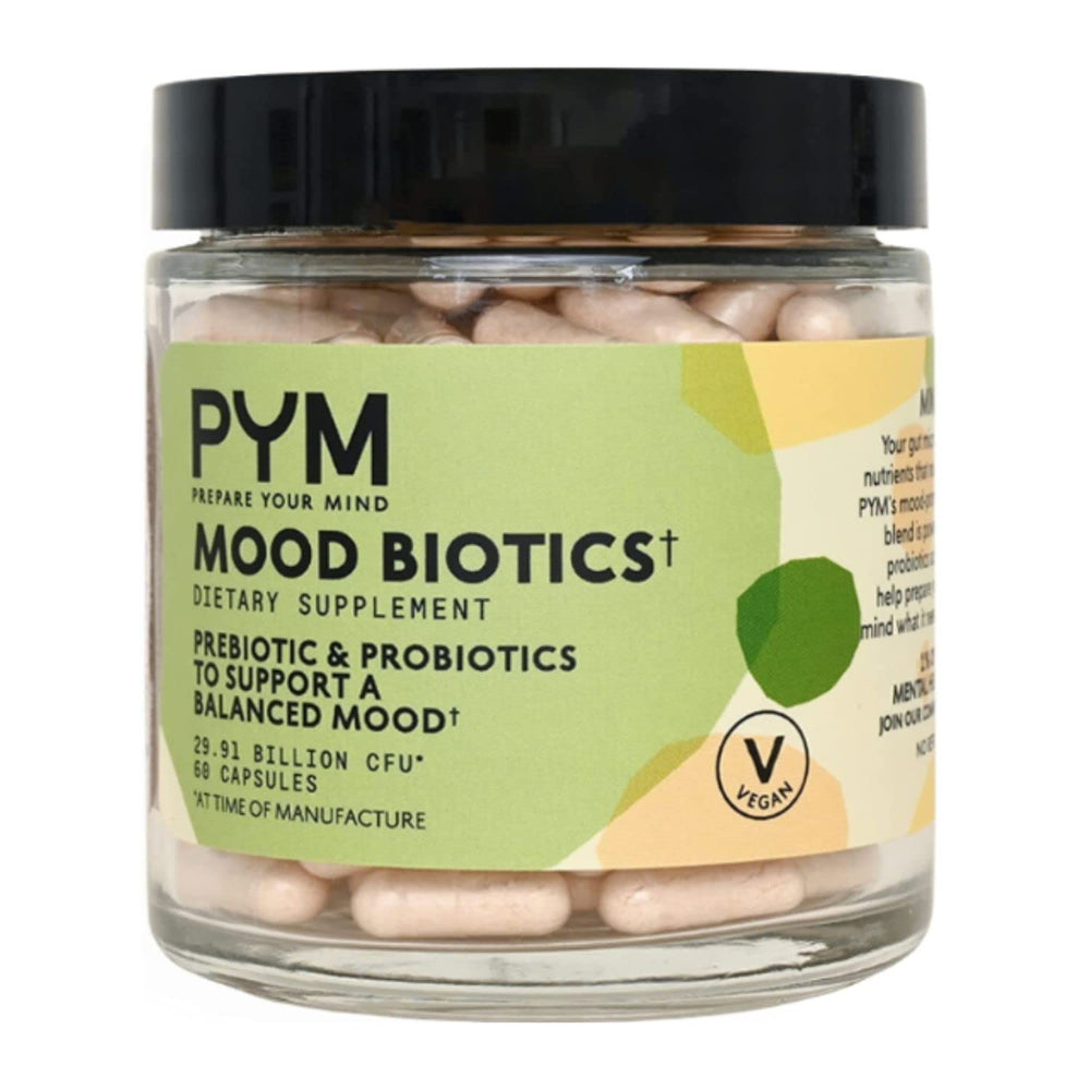 PYM Mood Biotics bottle front shows the label and branding for mood-support blend