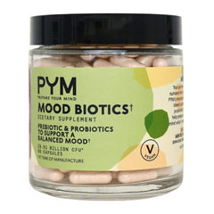 PYM Mood Biotics bottle front shows the label and branding for mood-support blend