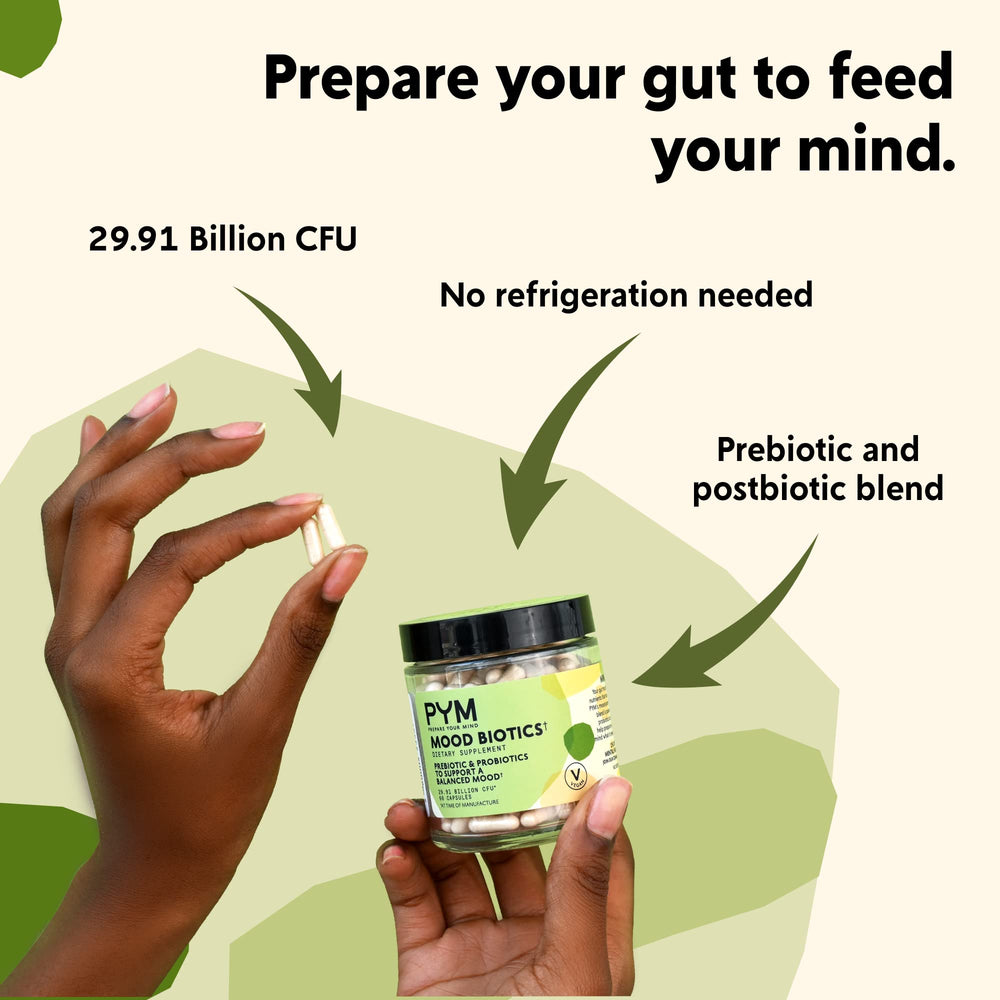 PYM Mood Biotics packaging box showcasing vegan, non-GMO branding