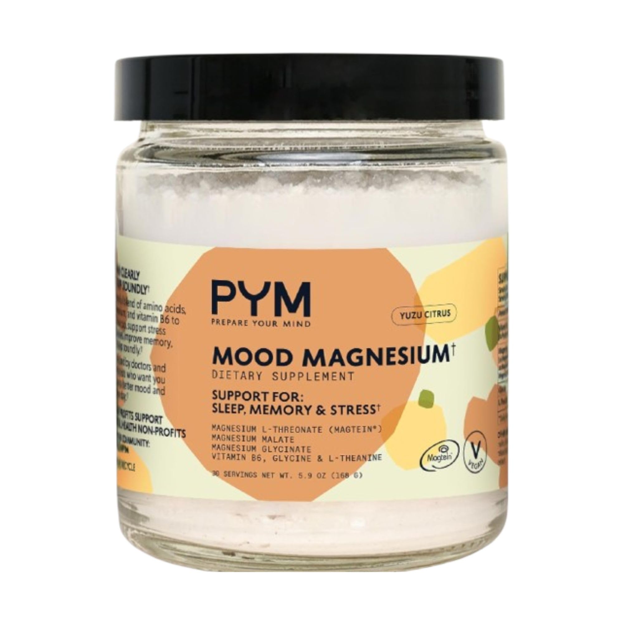 PYM Mood Magnesium powder container label highlights clean, vegan, non-GMO formula