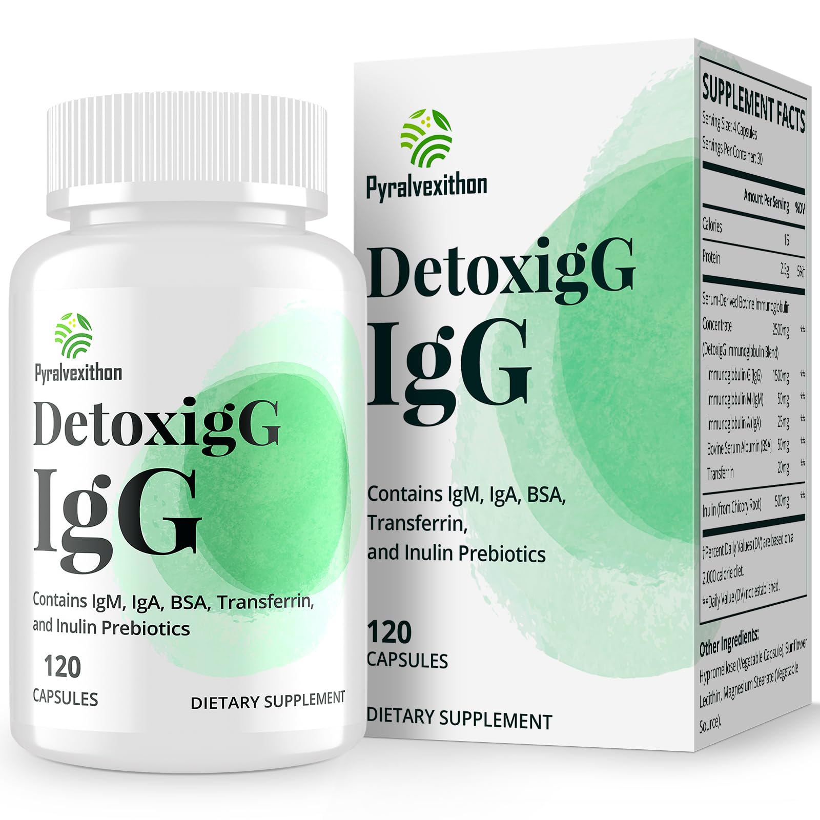 Pyralvexithon bottle of IgG capsules for dairy-free immunoglobulin support.