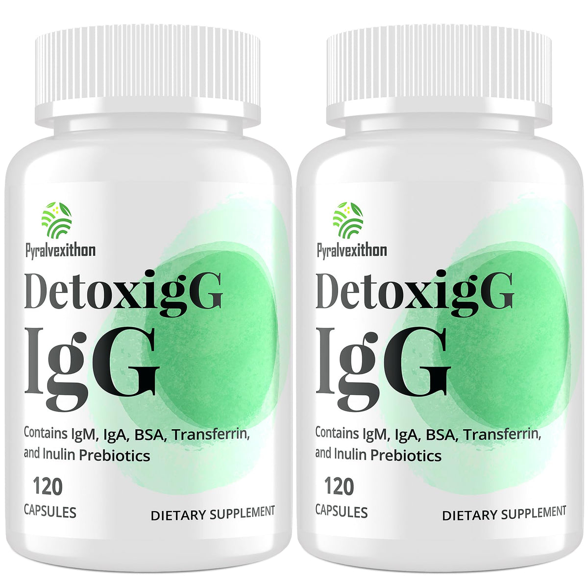 Pyralvexithon bottle top view with IgG capsules for daily support