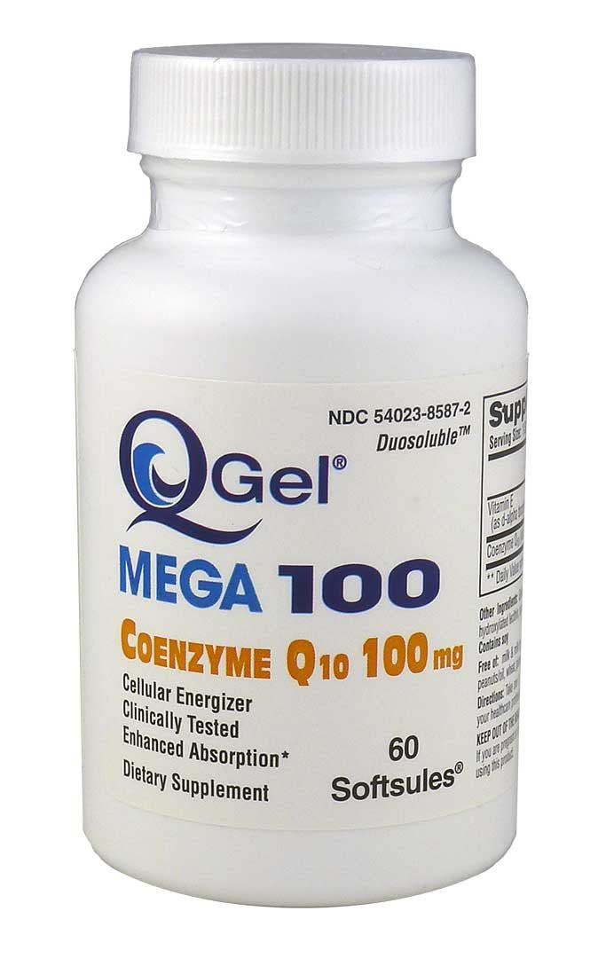 Q-Gel Mega 100 softgel bottle highlights easy daily use and higher bioavailability