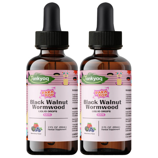 Q'ankyaq black walnut wormwood drops bottle showing kid-friendly detox support