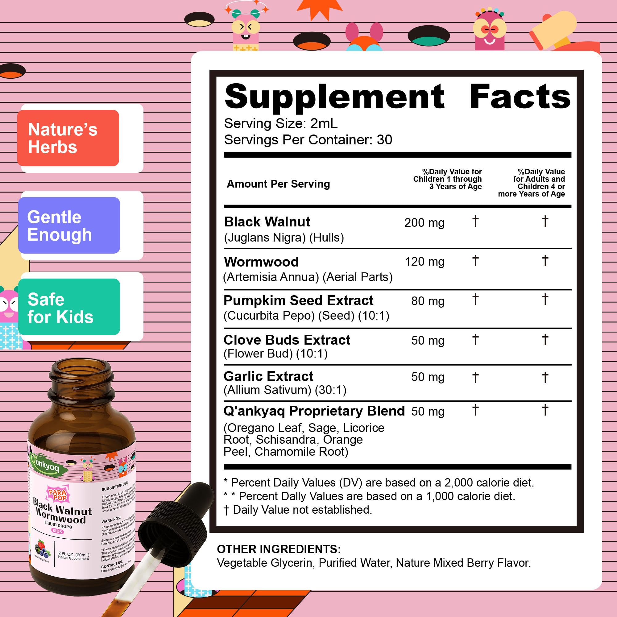 Q'ankyaq kid detox drops label close-up highlighting natural ingredients for kids' health