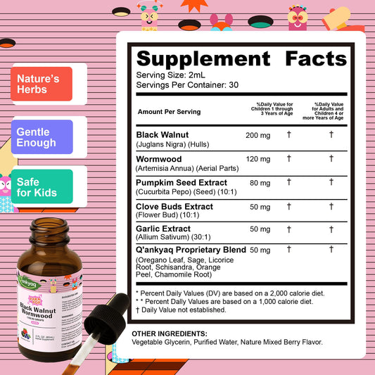 Q'ankyaq kid detox drops label close-up highlighting natural ingredients for kids' health