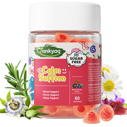 Q'ankyaq Kids saffron gummies bottle with vegan, sugar-free focus support.