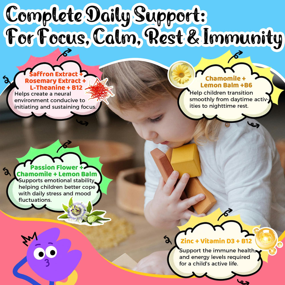 Q'ankyaq Kids saffron gummies ingredients panel features saffron blend and plant-based base.