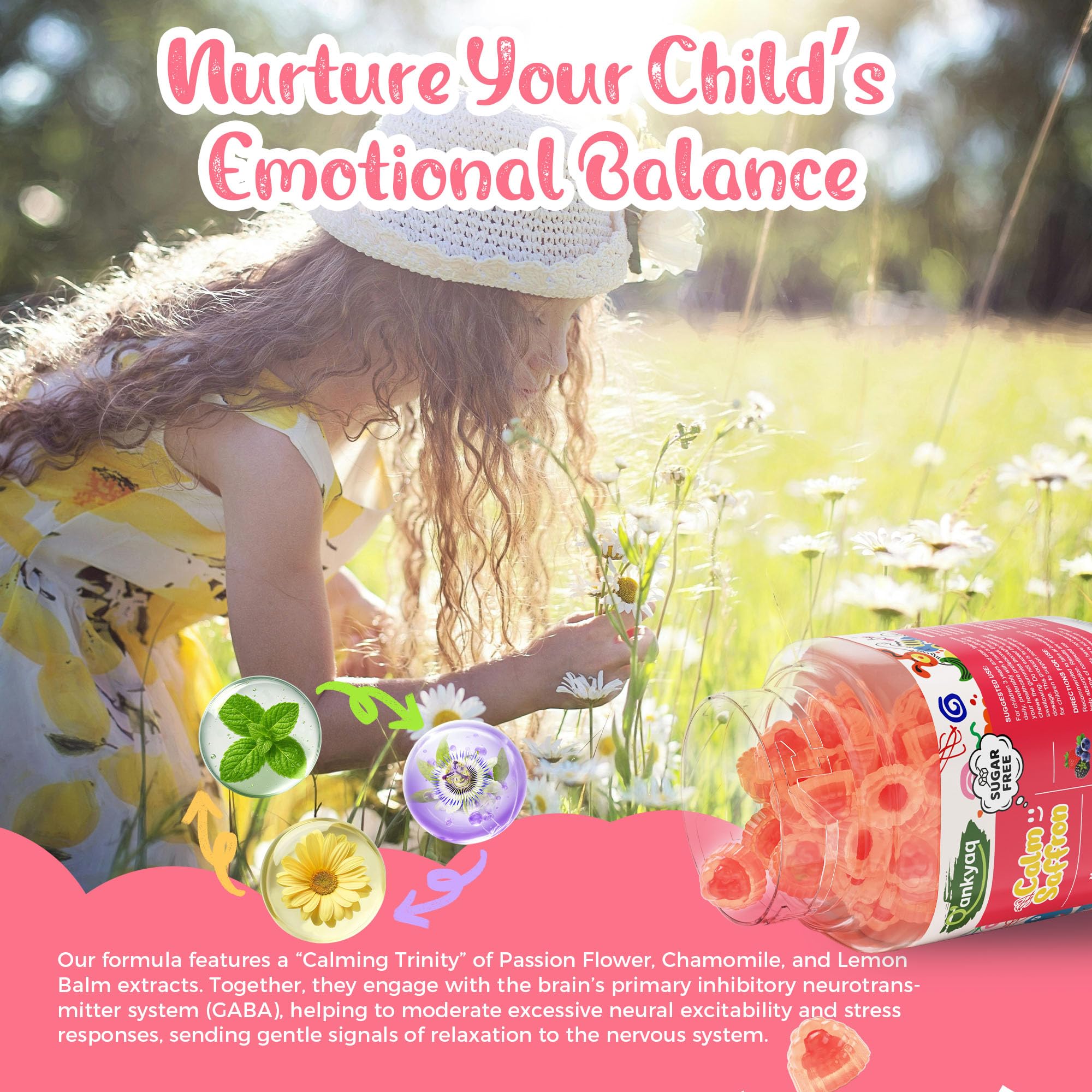 Q'ankyaq Kids saffron gummies night-use image hints at calming bedtime routine.