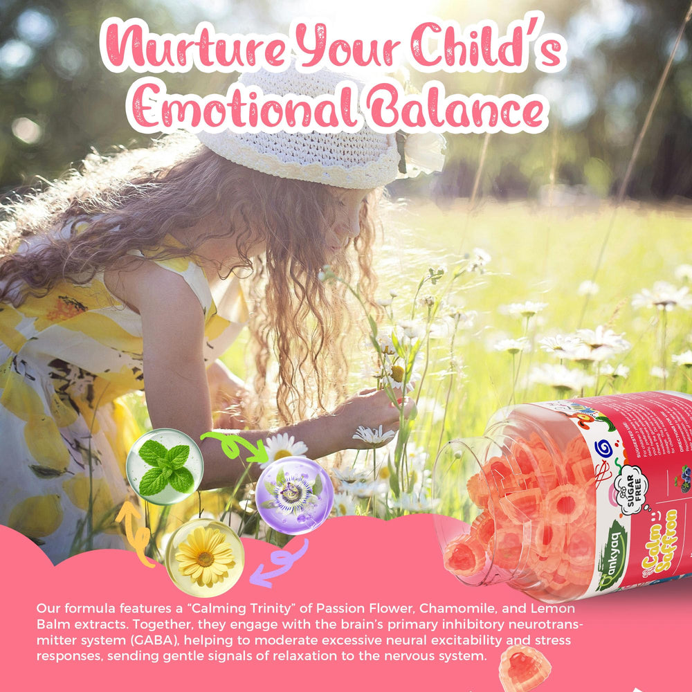 Q'ankyaq Kids saffron gummies night-use image hints at calming bedtime routine.