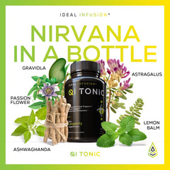 Qi Tonic bottle with astragalus and ashwagandha for energy and calm.
