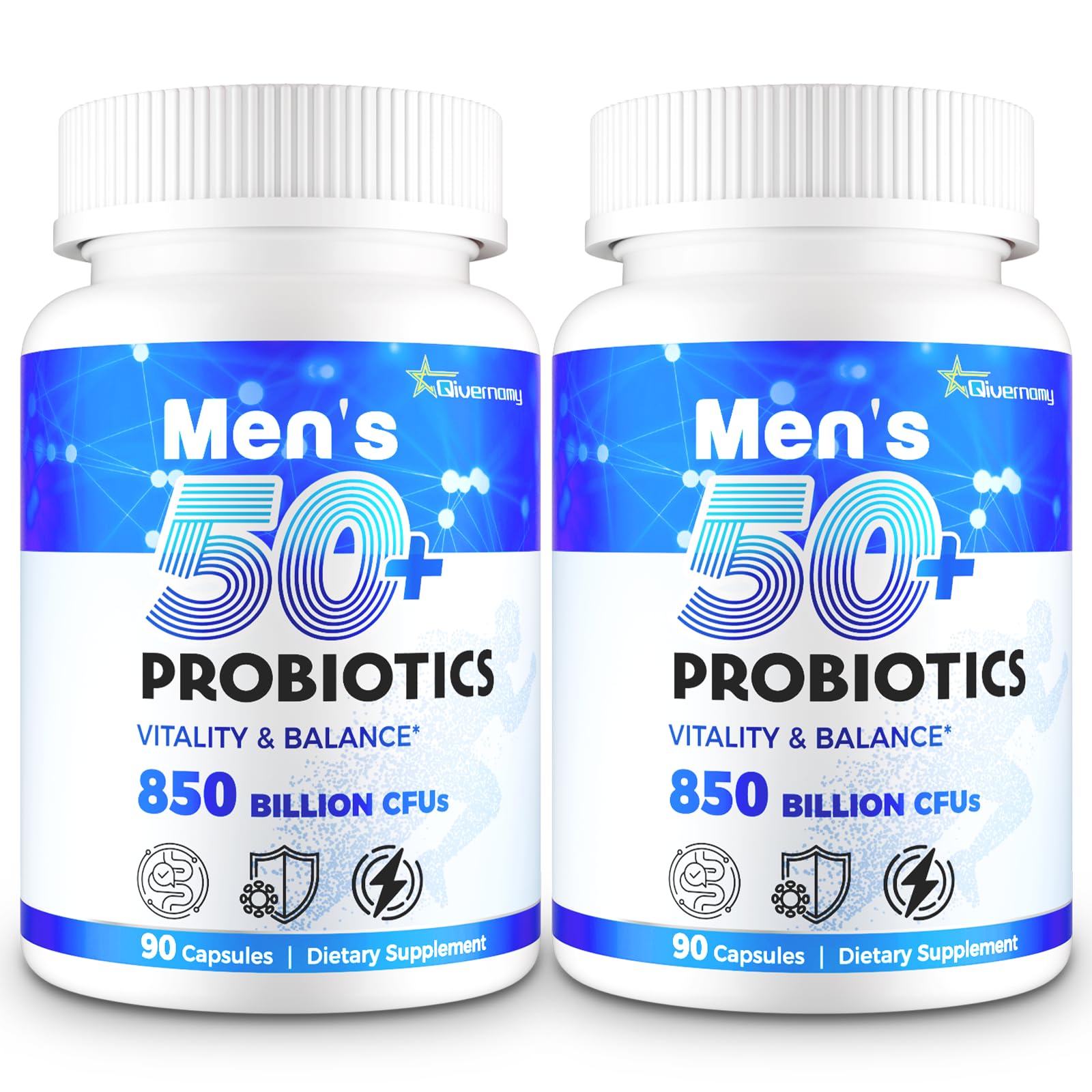 QIVERNAMY men's probiotic bottle shows 850B CFU potency for gut support on the go