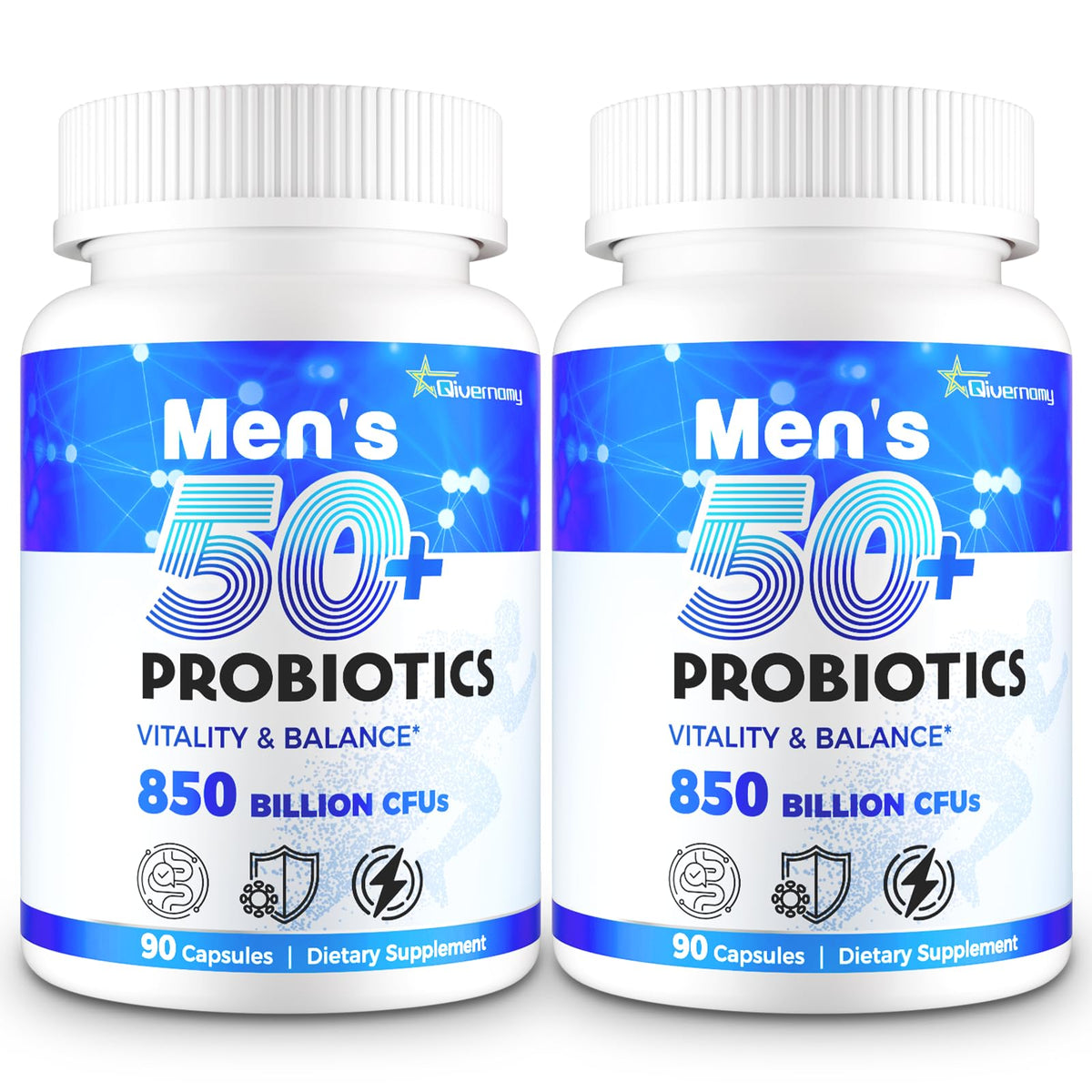 QIVERNAMY men's probiotic bottle shows 850B CFU potency for gut support on the go